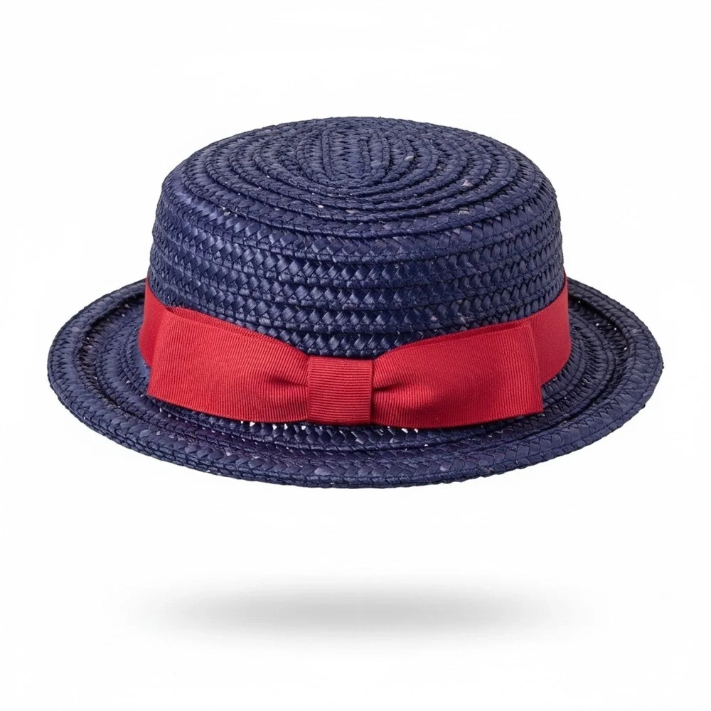 Vintage Navy Blue Straw Boater Hat Red Ribbon Band Retro Old Money Style Fedora